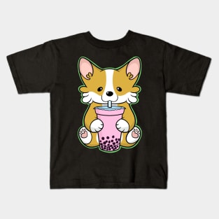 Cute Corgi With Strawberry Bubbletea Kids T-Shirt